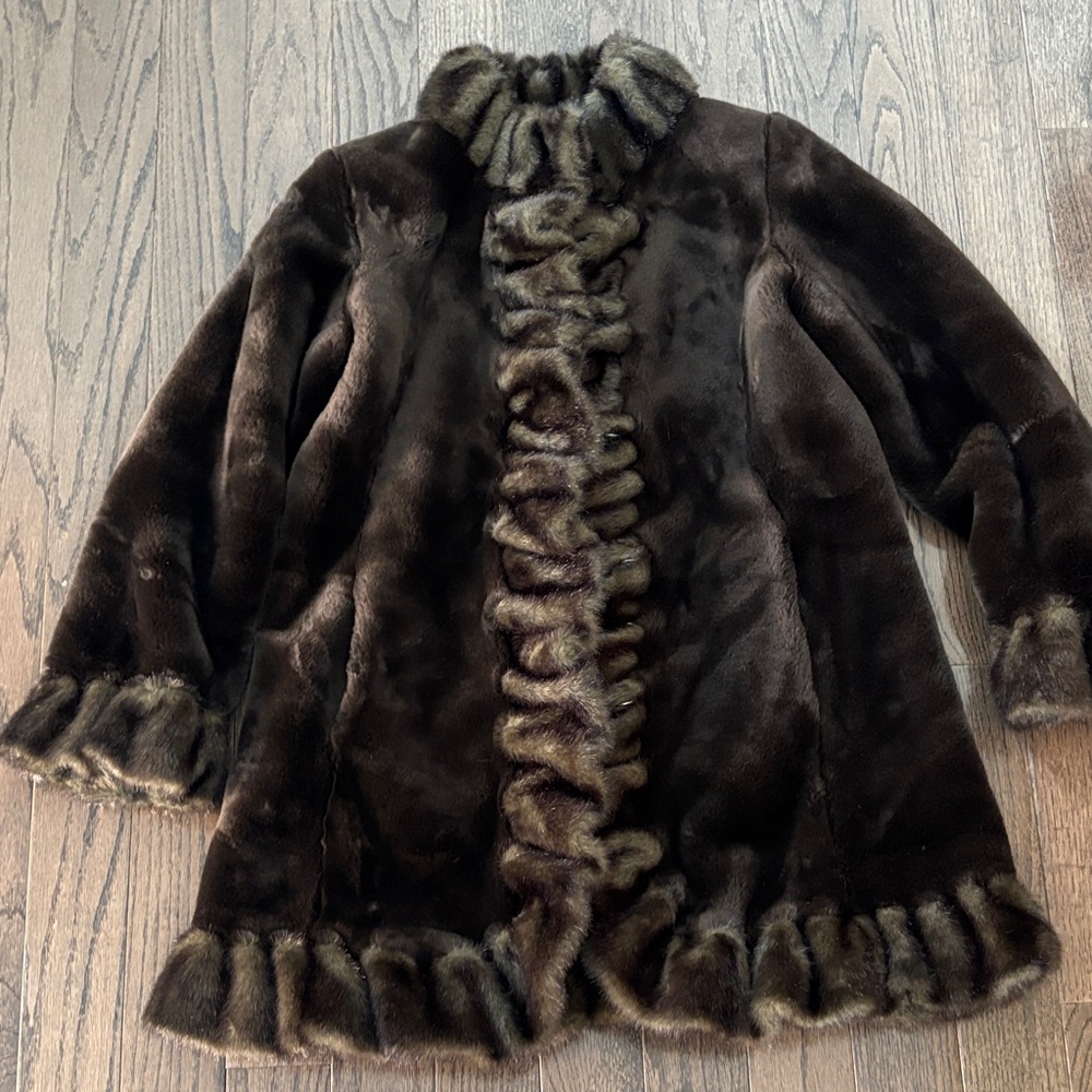 Jones New York Faux Fur Coat, dark brown w/ light brown ruffle trim,size S